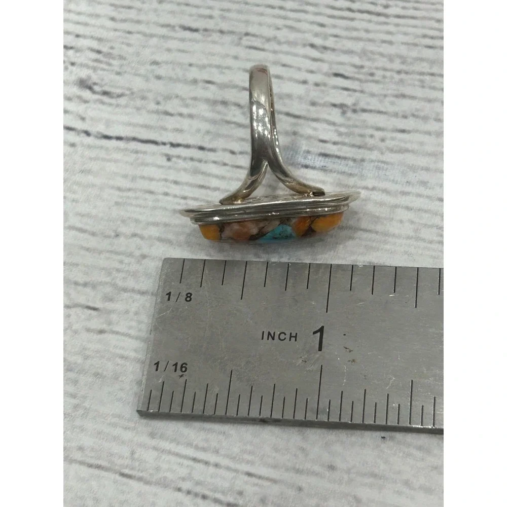 BBJ 925 Sterling Silver Spiny Oyster Turquoise Inlay Artisan Statement Ring 7.75